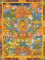 つの飾りの玉座に座る釈迦如来 悟りの玉座とその生涯の風景 仏教